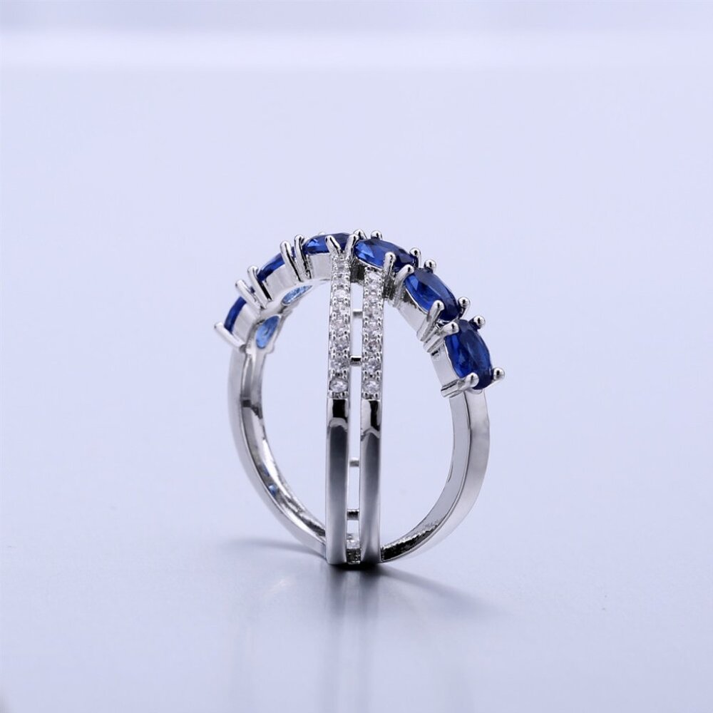 Oval Royal Blue Anillos Unique Three Lines Silver Ring for Women, VIP272 - Picture 5 of 7